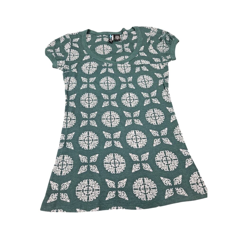 Weavers Y2K Ribbed Graphic Top L Green All Over Print Fitted Tunic